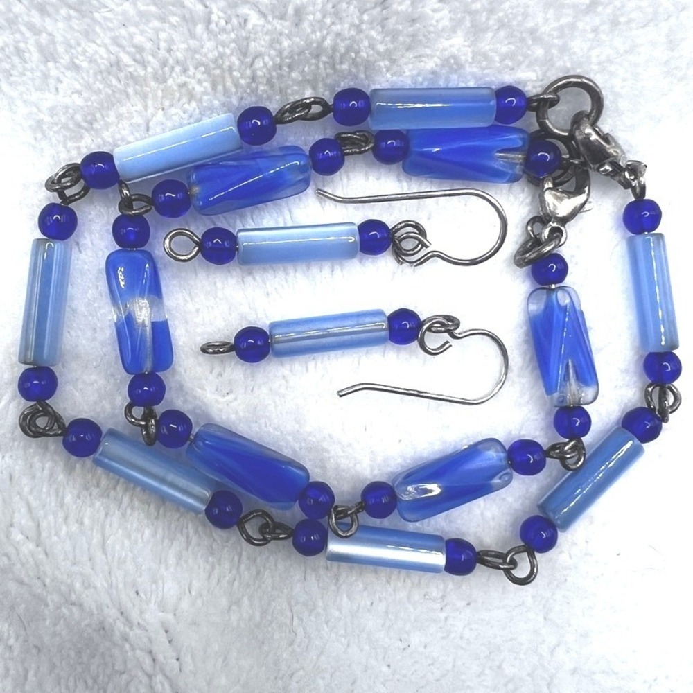 Sterling Silver Blue Glass Tube Bead Bracelet Earrings Set